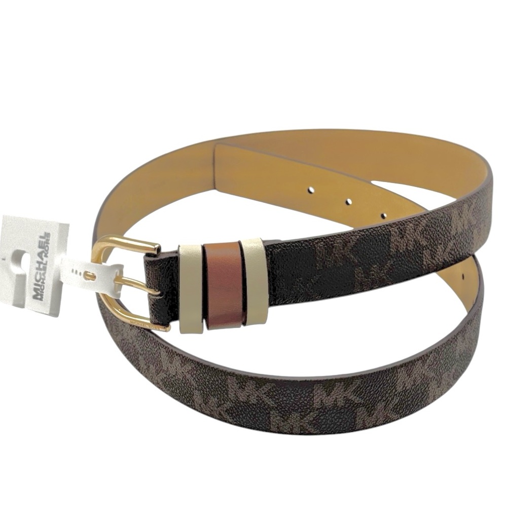 Michael Kors 32MM Logo Belt in Brown / Tan with Gold-Tone Buckle Size Large